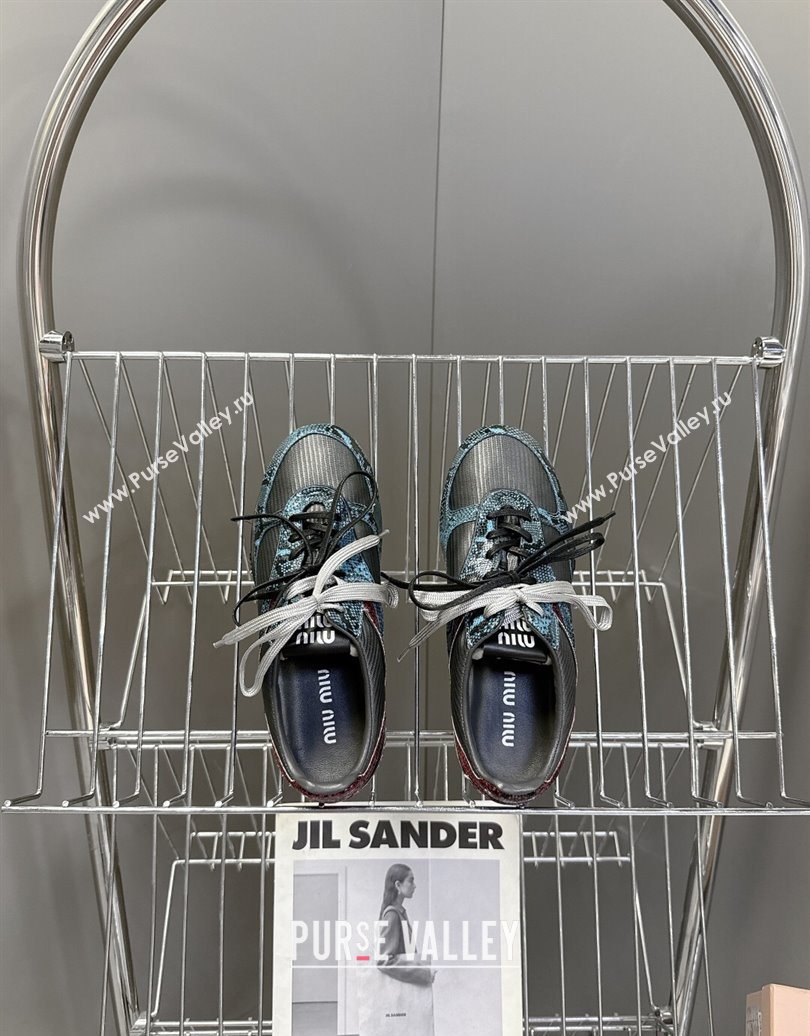 Miu Miu Gymnasium Sneakers in Python Print Leather and Technical Fabric Grey/Blue 2025 (HQG-251024109)