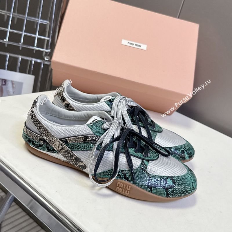 Miu Miu Gymnasium Sneakers in Python Print Leather and Technical Fabric Grey/Green 2025 (HQG-251024111)