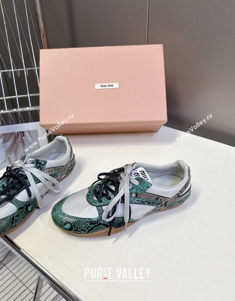 Miu Miu Gymnasium Sneakers in Python Print Leather and Technical Fabric Grey/Green 2025 (HQG-251024111)
