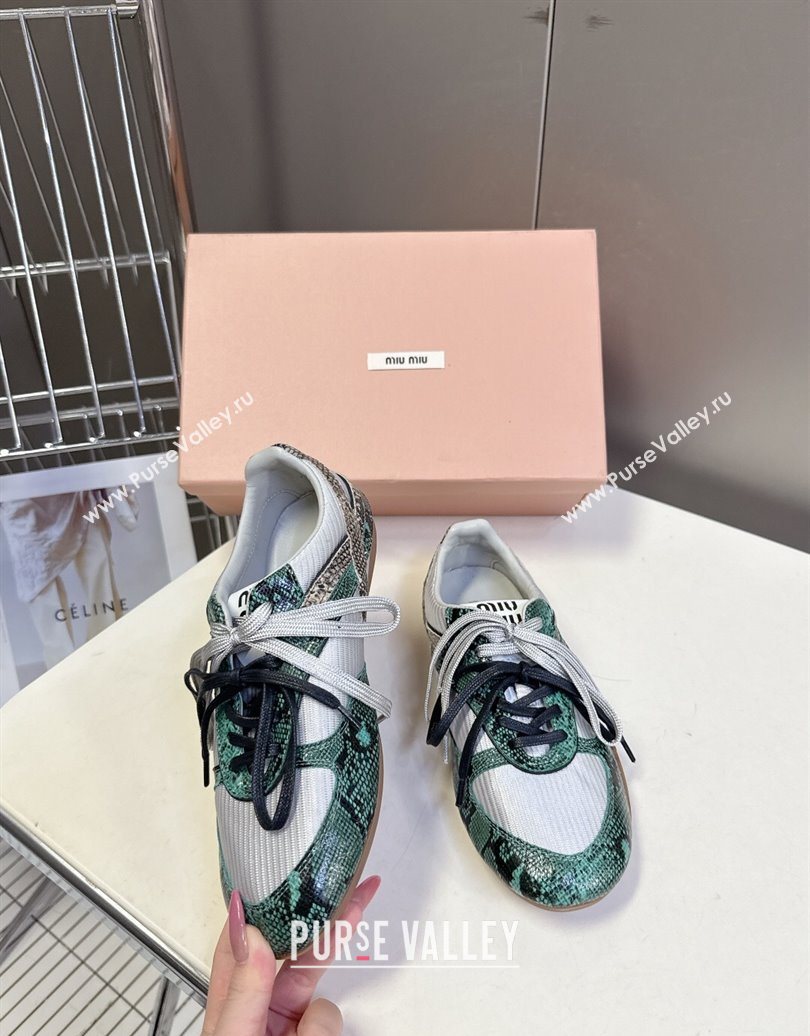 Miu Miu Gymnasium Sneakers in Python Print Leather and Technical Fabric Grey/Green 2025 (HQG-251024111)