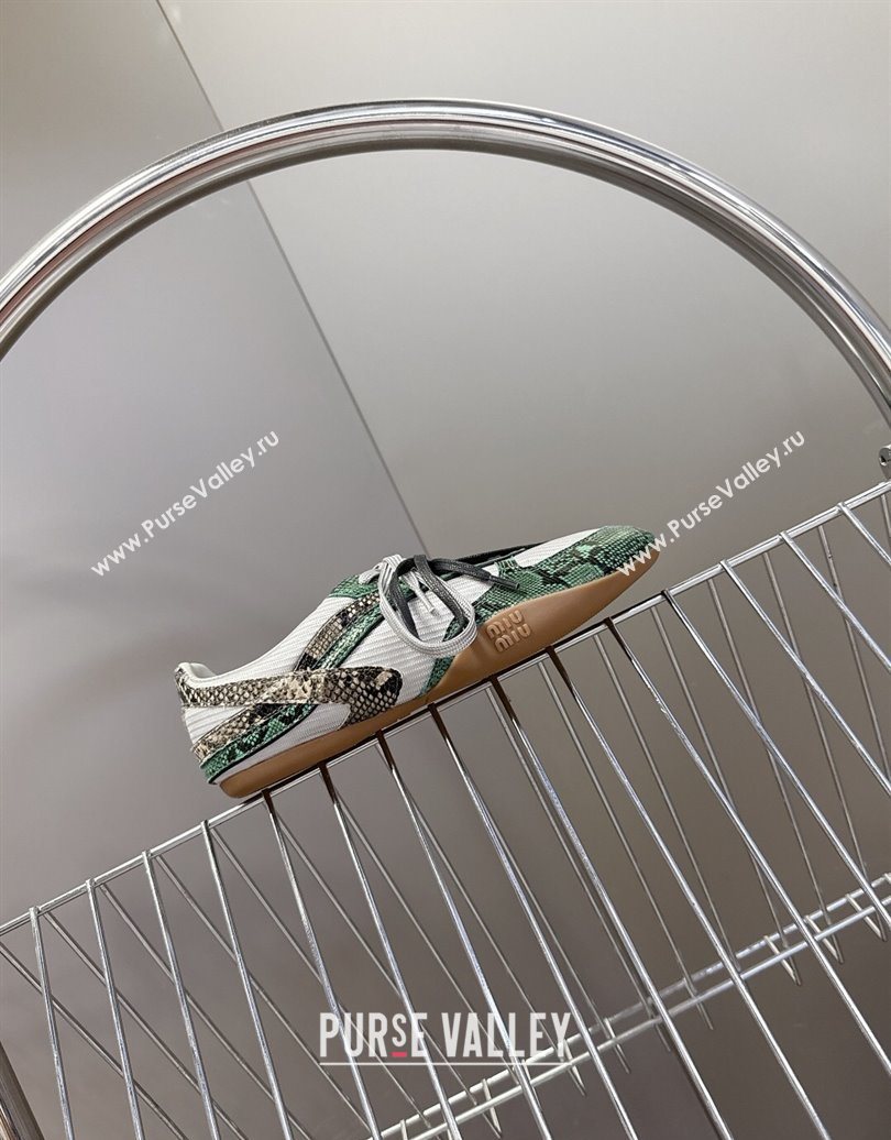 Miu Miu Gymnasium Sneakers in Python Print Leather and Technical Fabric Grey/Green 2025 (HQG-251024111)