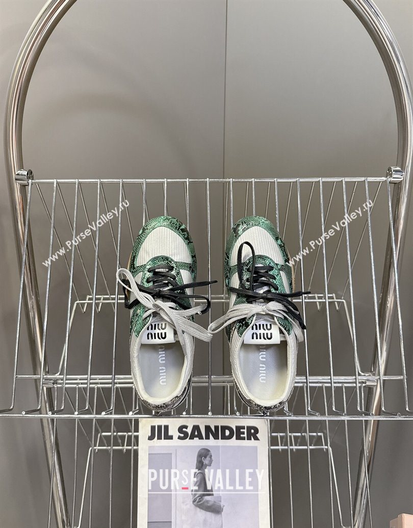 Miu Miu Gymnasium Sneakers in Python Print Leather and Technical Fabric Grey/Green 2025 (HQG-251024111)