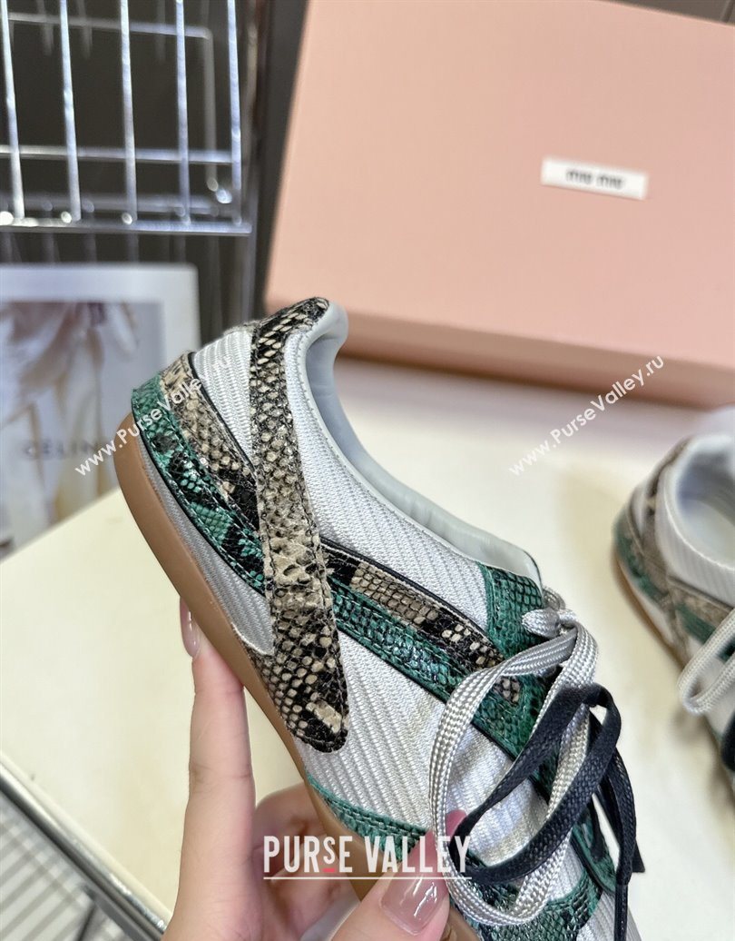 Miu Miu Gymnasium Sneakers in Python Print Leather and Technical Fabric Grey/Green 2025 (HQG-251024111)