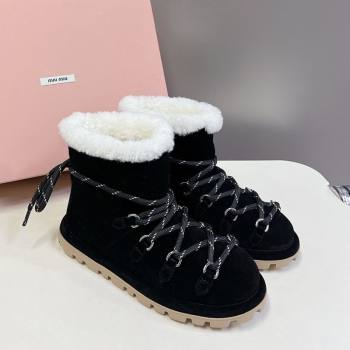 Miu Miu Suede and Wool Laced-up Flat Ankle Boots Black 2025 MM102407 (KL-251024146)