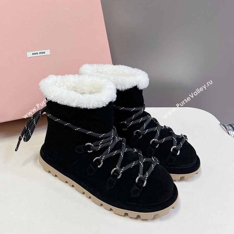Miu Miu Suede and Wool Laced-up Flat Ankle Boots Black 2025 MM102407 (KL-251024146)