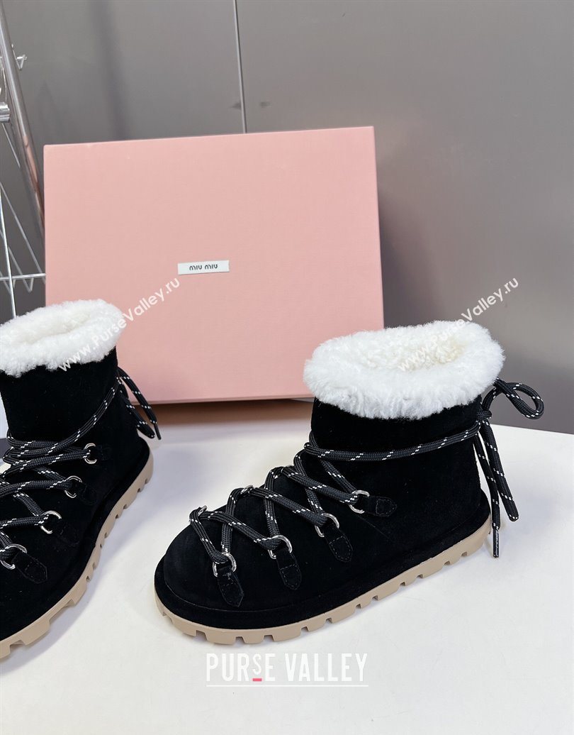 Miu Miu Suede and Wool Laced-up Flat Ankle Boots Black 2025 MM102407 (KL-251024146)