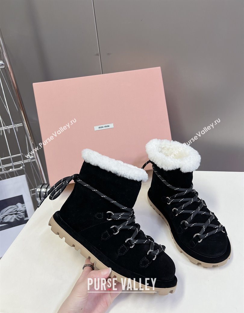 Miu Miu Suede and Wool Laced-up Flat Ankle Boots Black 2025 MM102407 (KL-251024146)