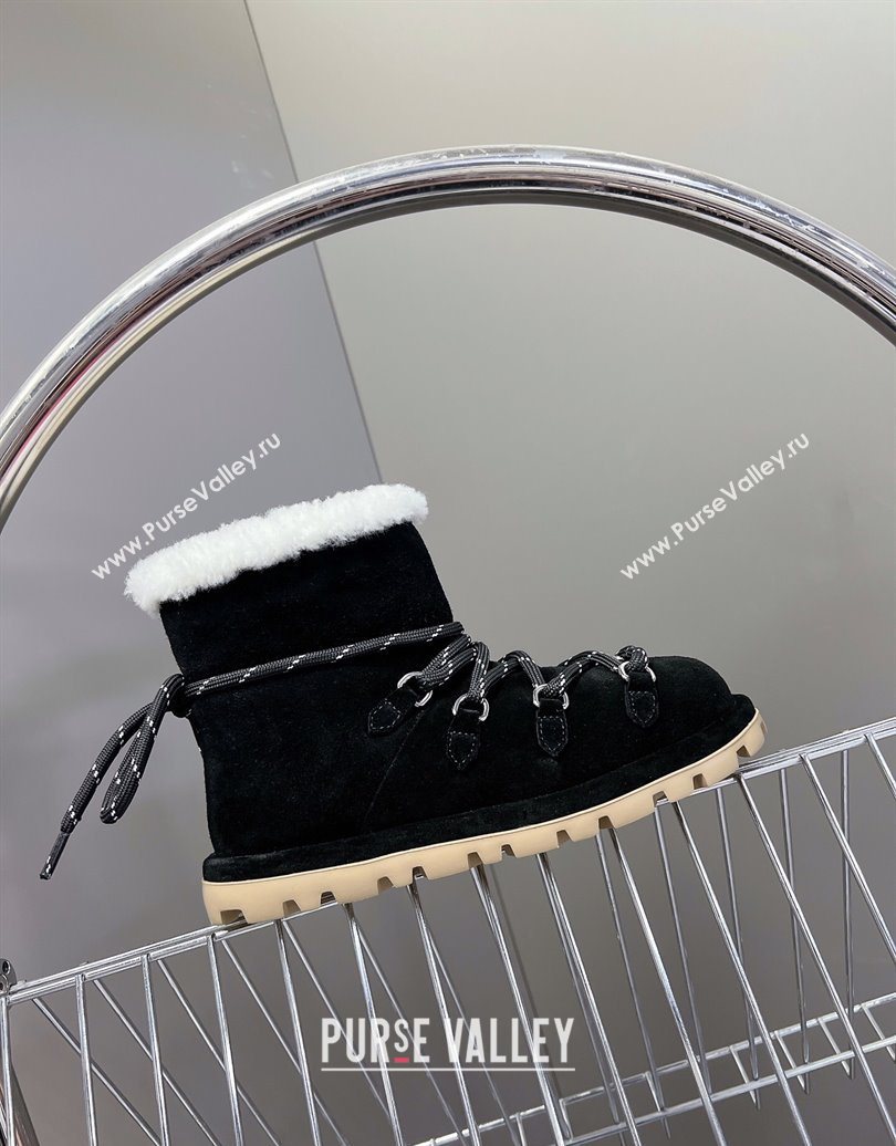 Miu Miu Suede and Wool Laced-up Flat Ankle Boots Black 2025 MM102407 (KL-251024146)