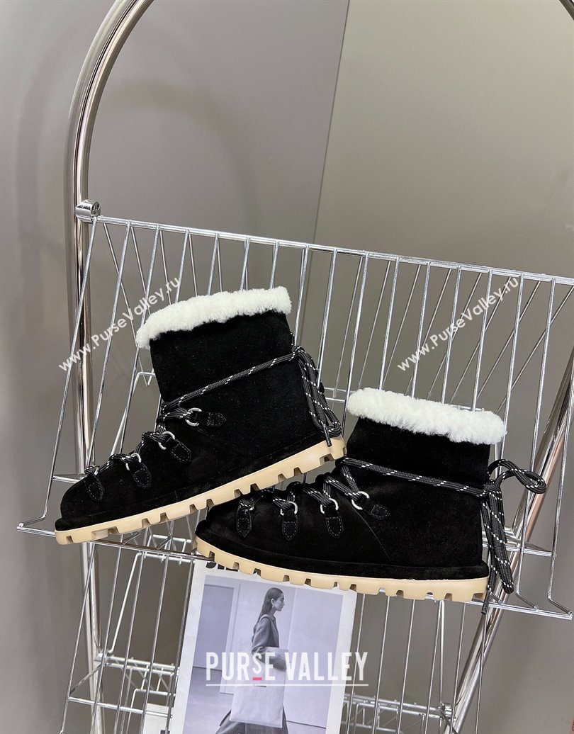Miu Miu Suede and Wool Laced-up Flat Ankle Boots Black 2025 MM102407 (KL-251024146)