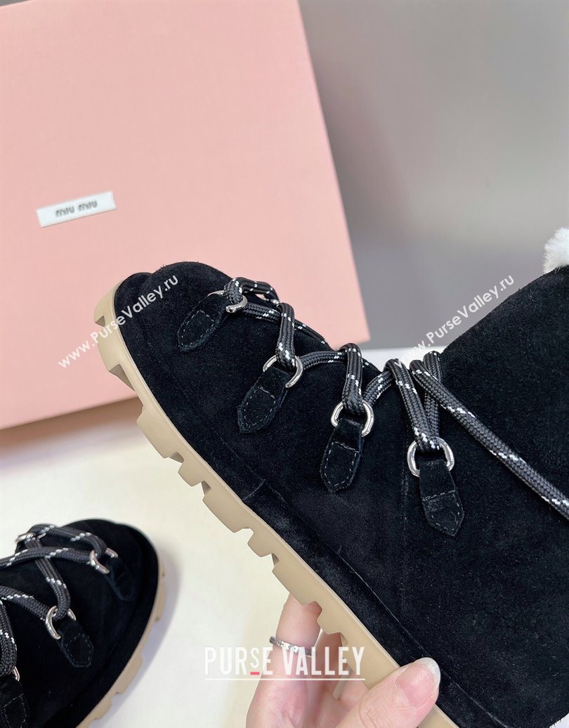Miu Miu Suede and Wool Laced-up Flat Ankle Boots Black 2025 MM102407 (KL-251024146)