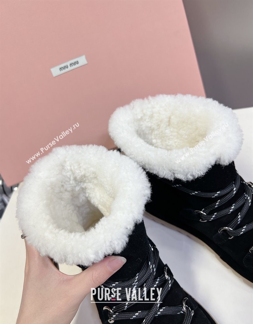 Miu Miu Suede and Wool Laced-up Flat Ankle Boots Black 2025 MM102407 (KL-251024146)