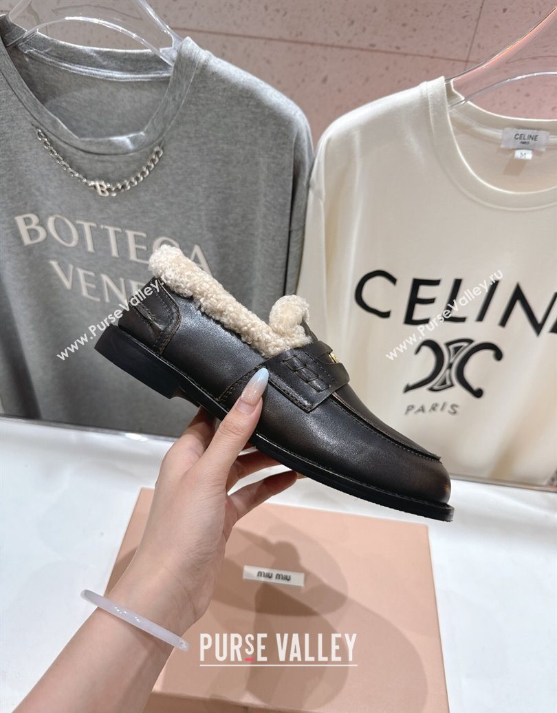 Miu Miu Bleached Leather and Wool Loafers with Coin Black 2025 5D530E (MD-251025063)