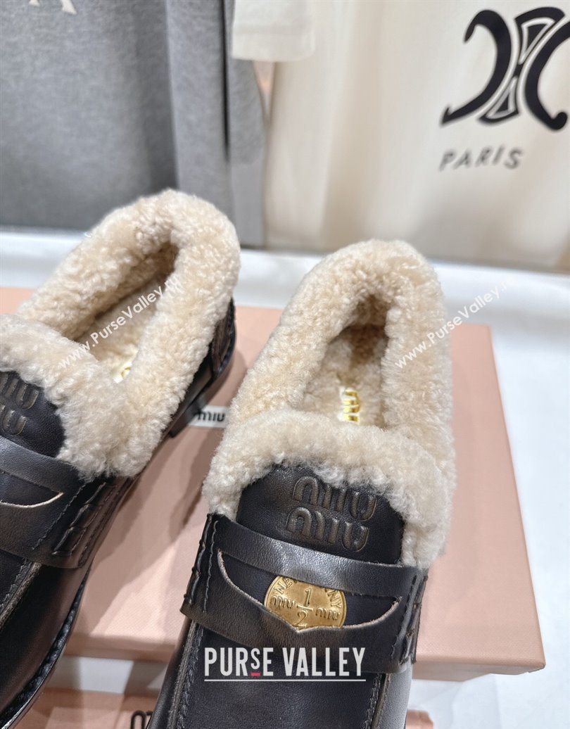 Miu Miu Bleached Leather and Wool Loafers with Coin Black 2025 5D530E (MD-251025063)