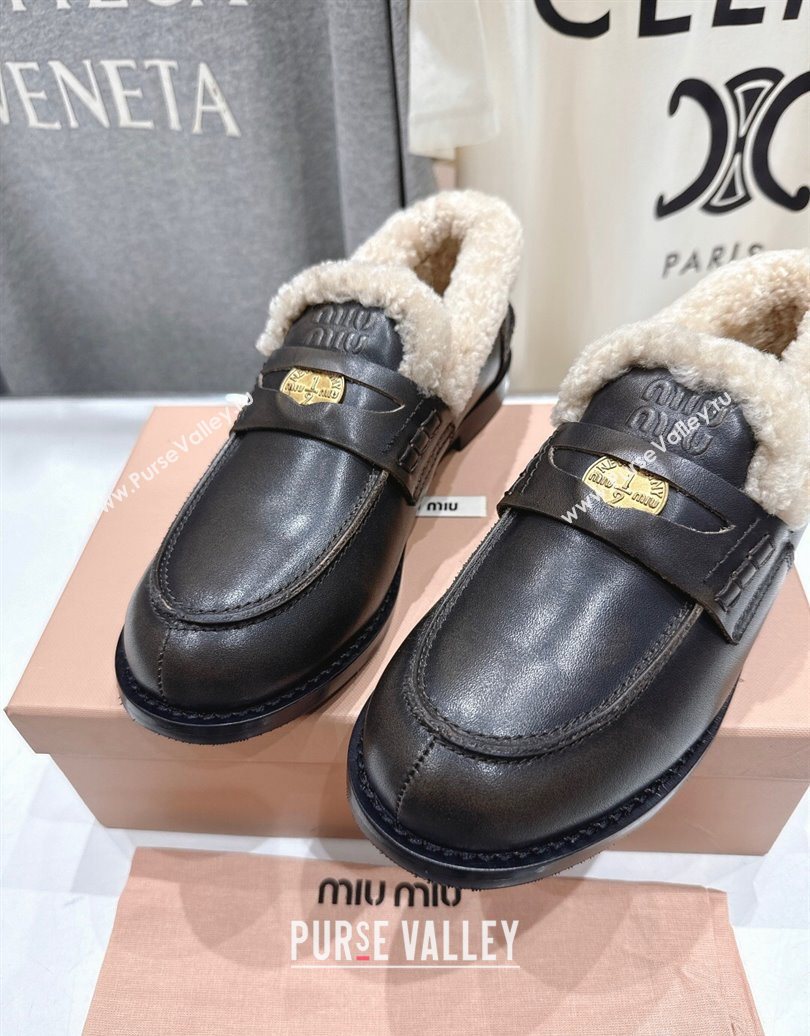 Miu Miu Bleached Leather and Wool Loafers with Coin Black 2025 5D530E (MD-251025063)