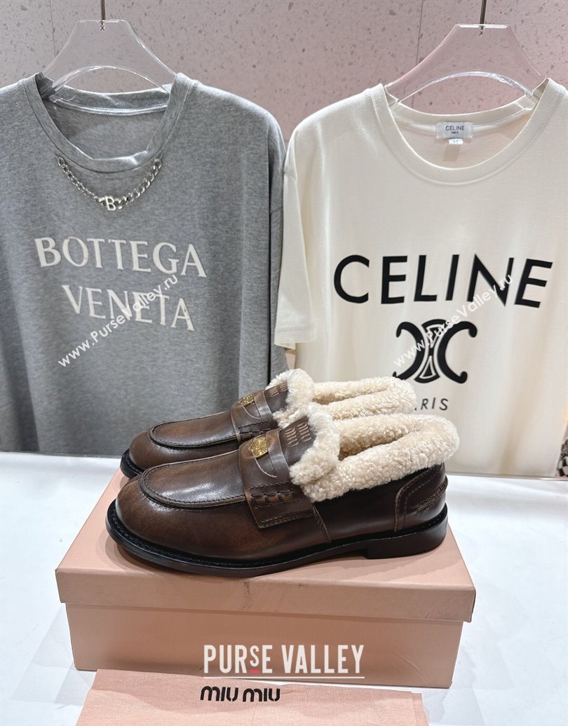 Miu Miu Bleached Leather and Wool Loafers with Coin Brown 2025 5D530E (MD-251025064)