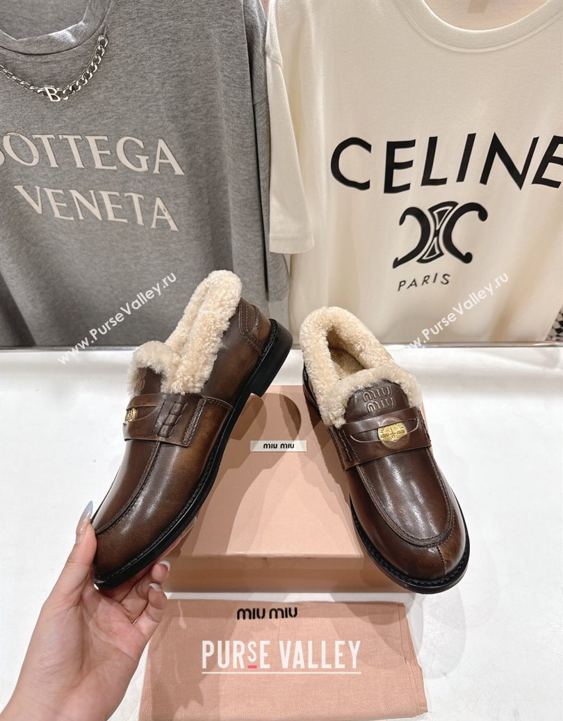 Miu Miu Bleached Leather and Wool Loafers with Coin Brown 2025 5D530E (MD-251025064)