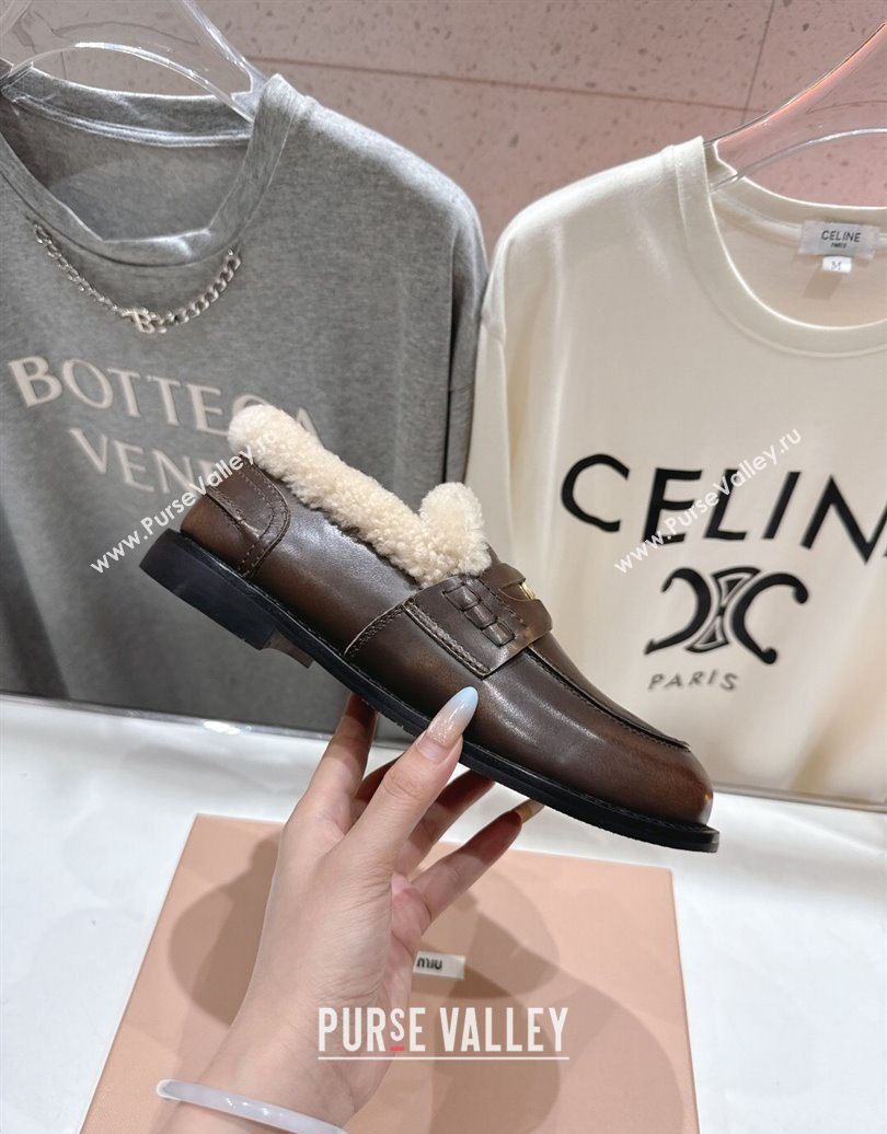 Miu Miu Bleached Leather and Wool Loafers with Coin Brown 2025 5D530E (MD-251025064)