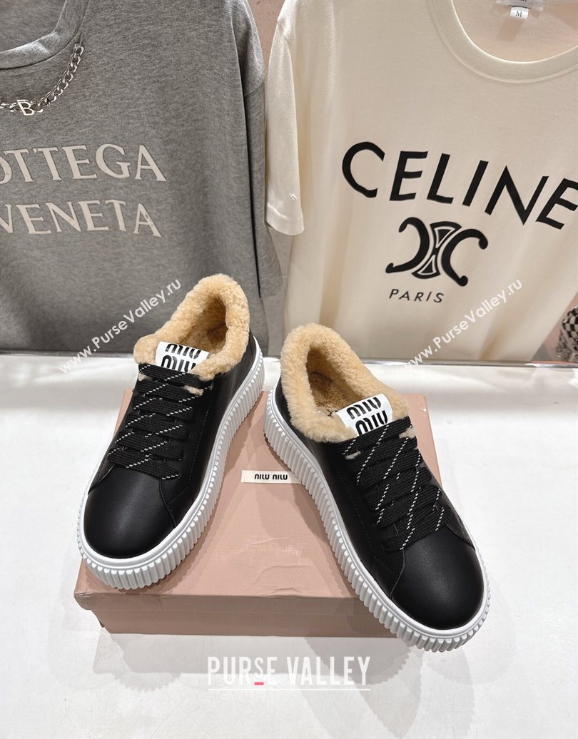 Miu Miu Leather and Shearling Platform Sneakers Black 2025 5E389E (MD-251025065)