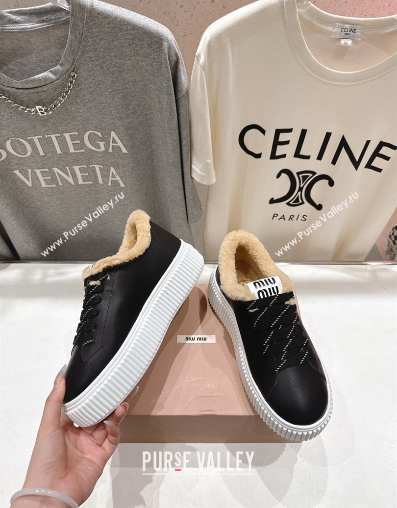 Miu Miu Leather and Shearling Platform Sneakers Black 2025 5E389E (MD-251025065)