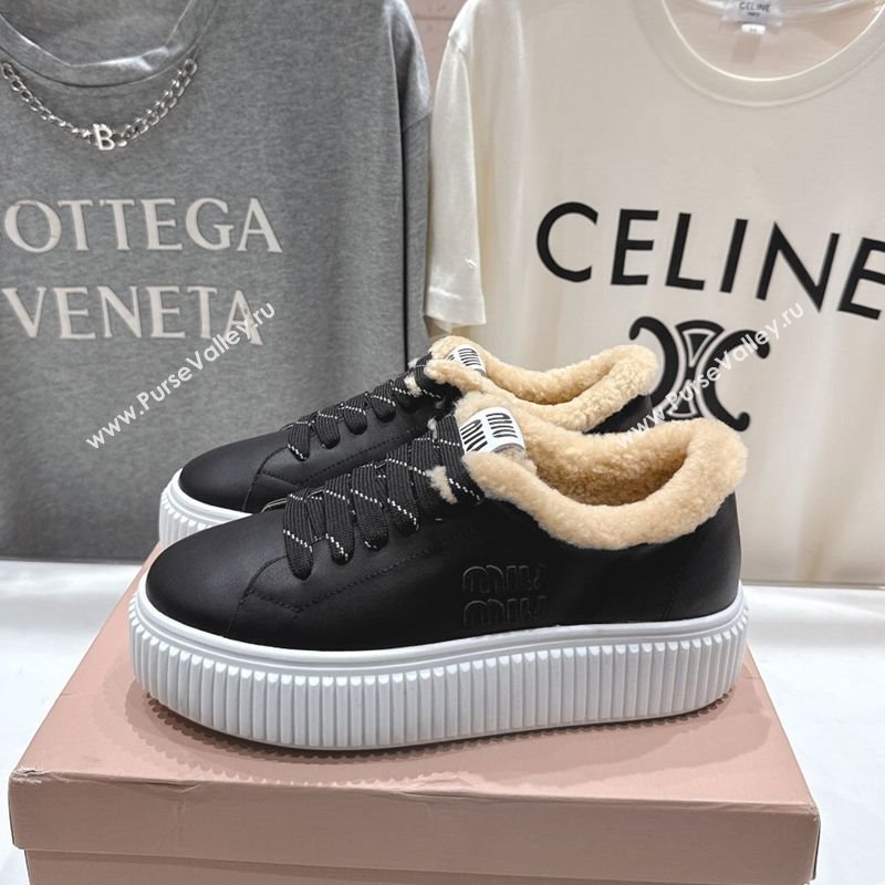Miu Miu Leather and Shearling Platform Sneakers Black 2025 5E389E (MD-251025065)
