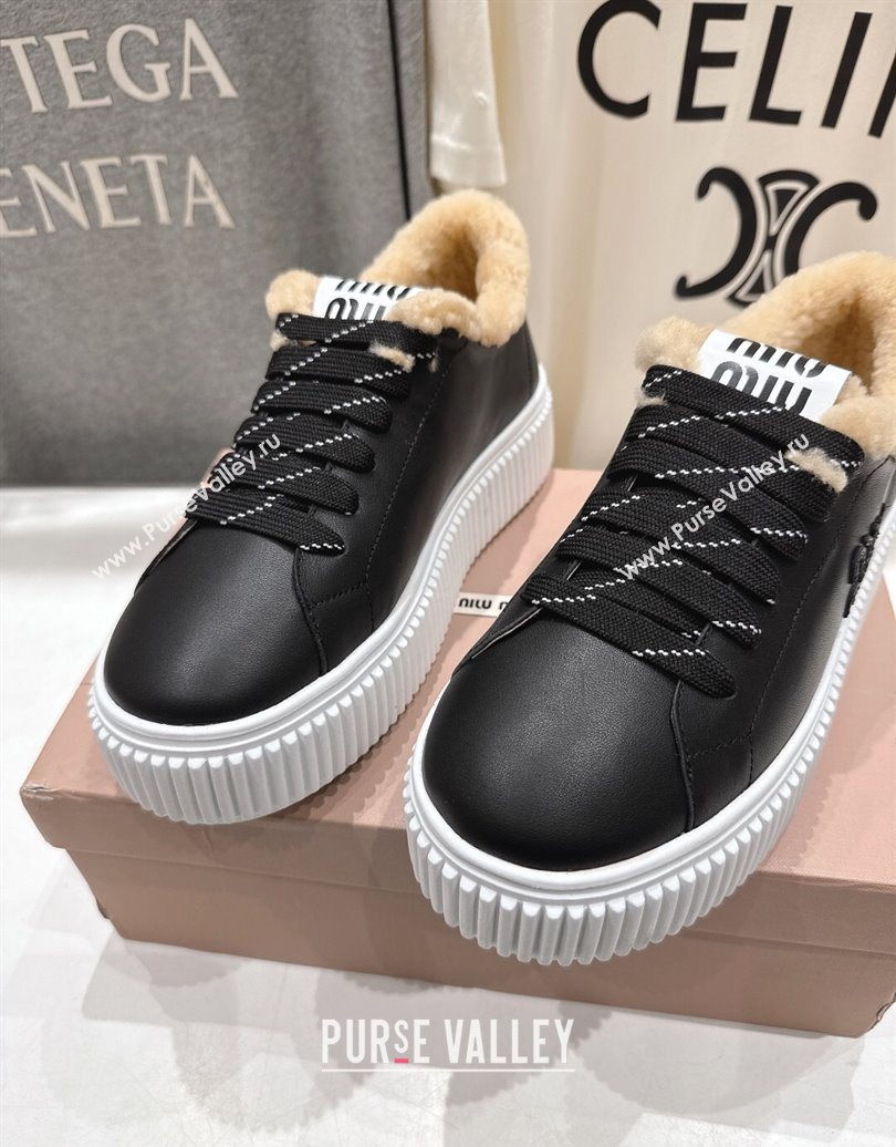 Miu Miu Leather and Shearling Platform Sneakers Black 2025 5E389E (MD-251025065)