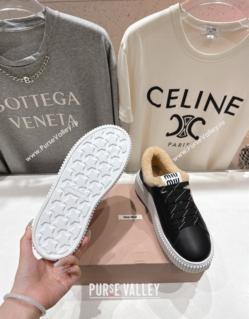 Miu Miu Leather and Shearling Platform Sneakers Black 2025 5E389E (MD-251025065)
