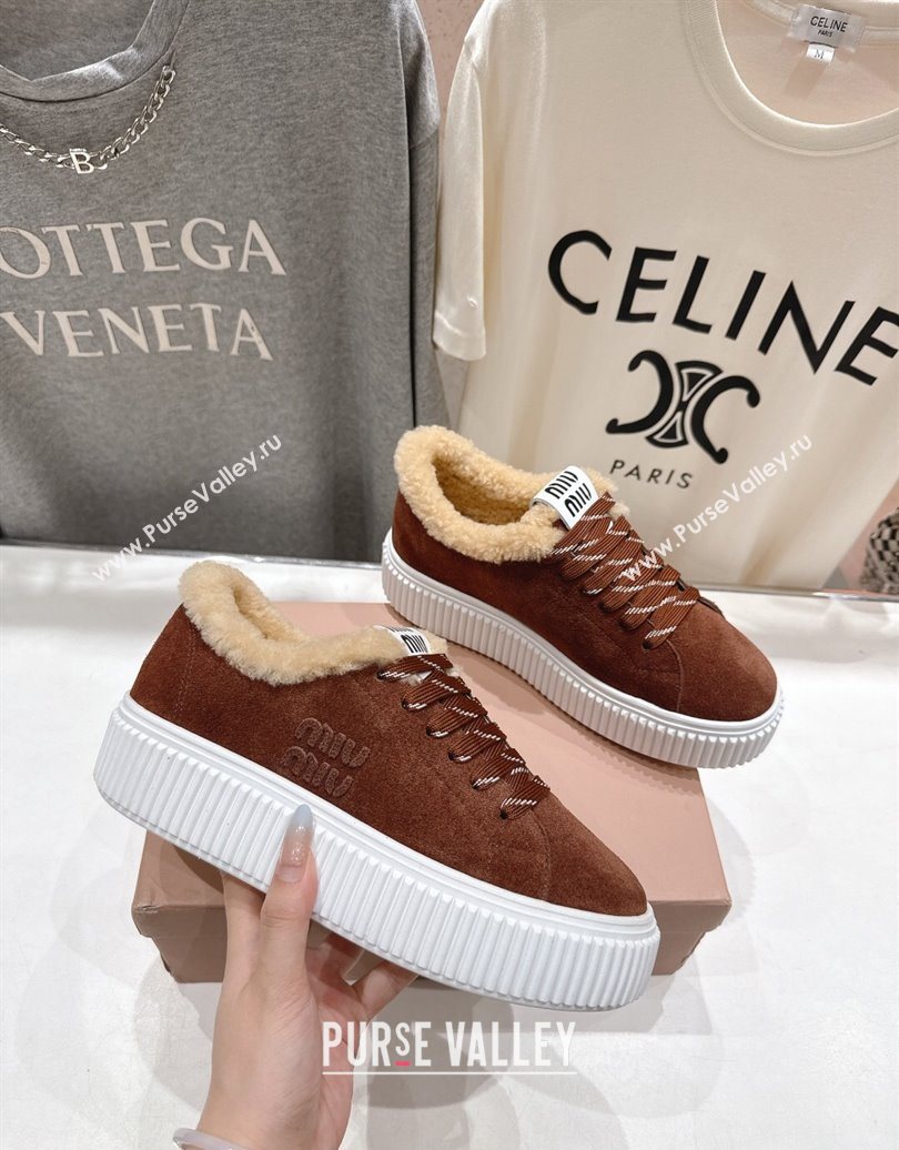 Miu Miu Suede and Shearling Platform Sneakers Brown 2025 5E389E (MD-251025066)