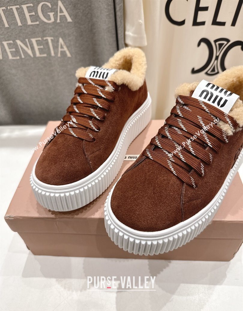 Miu Miu Suede and Shearling Platform Sneakers Brown 2025 5E389E (MD-251025066)