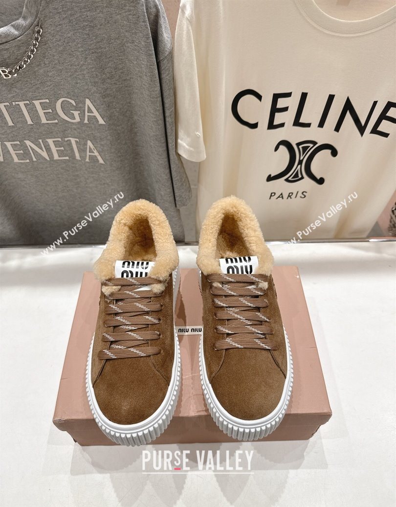 Miu Miu Suede and Shearling Platform Sneakers Beige 2025 5E389E (MD-251025067)