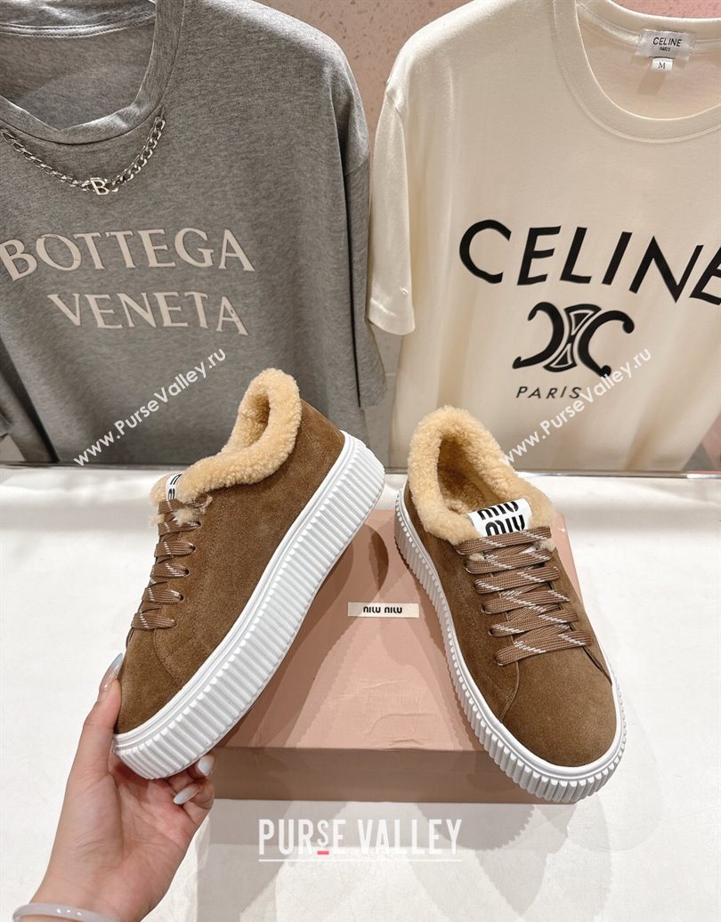 Miu Miu Suede and Shearling Platform Sneakers Beige 2025 5E389E (MD-251025067)