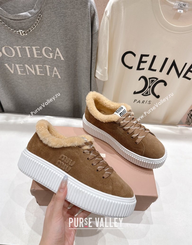 Miu Miu Suede and Shearling Platform Sneakers Beige 2025 5E389E (MD-251025067)