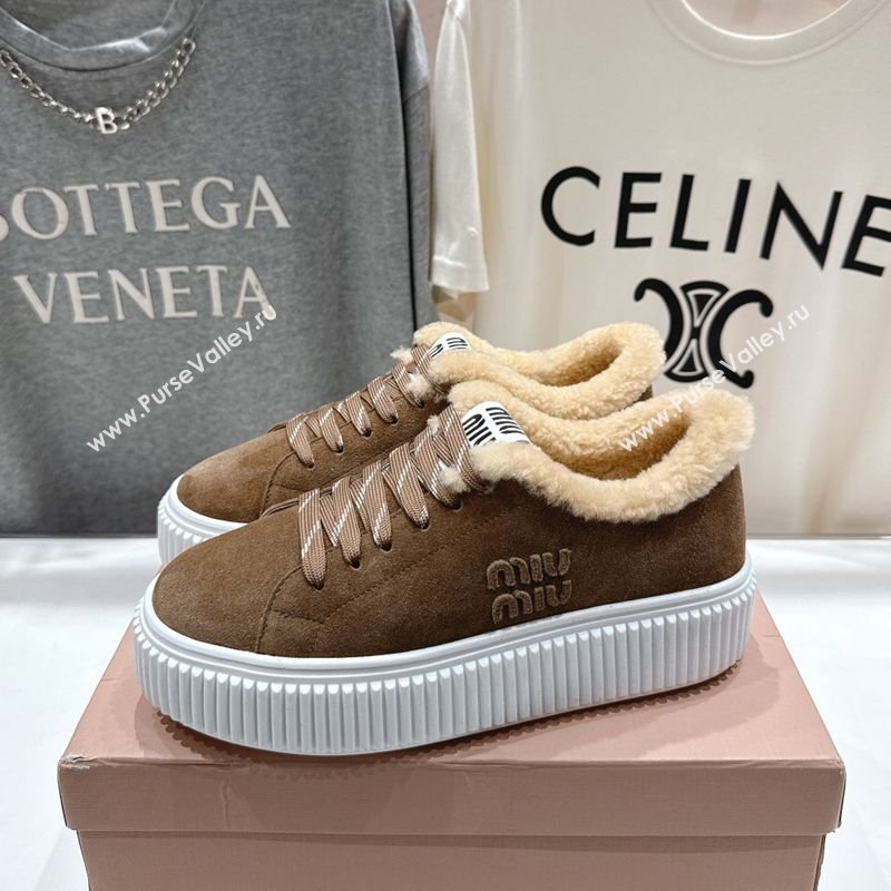 Miu Miu Suede and Shearling Platform Sneakers Beige 2025 5E389E (MD-251025067)