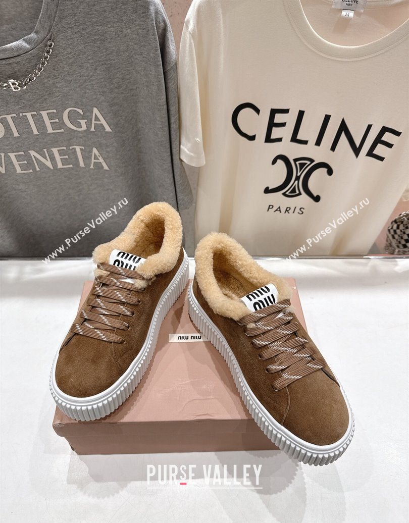 Miu Miu Suede and Shearling Platform Sneakers Beige 2025 5E389E (MD-251025067)