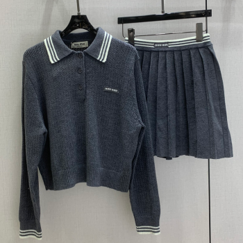 Miu Miu Wool Knit Polo Shirt and Skirt Set Grey 2025 M110506 (QI-251105009)