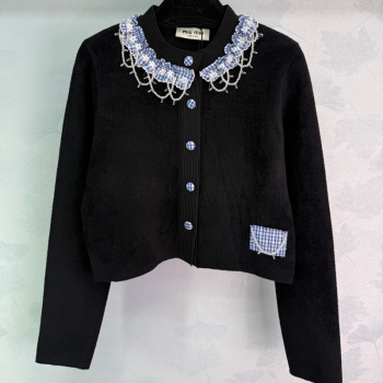 Miu Miu Wool Cardigan with Plaid Trim Black 2025 M110504 (QI-251105007)