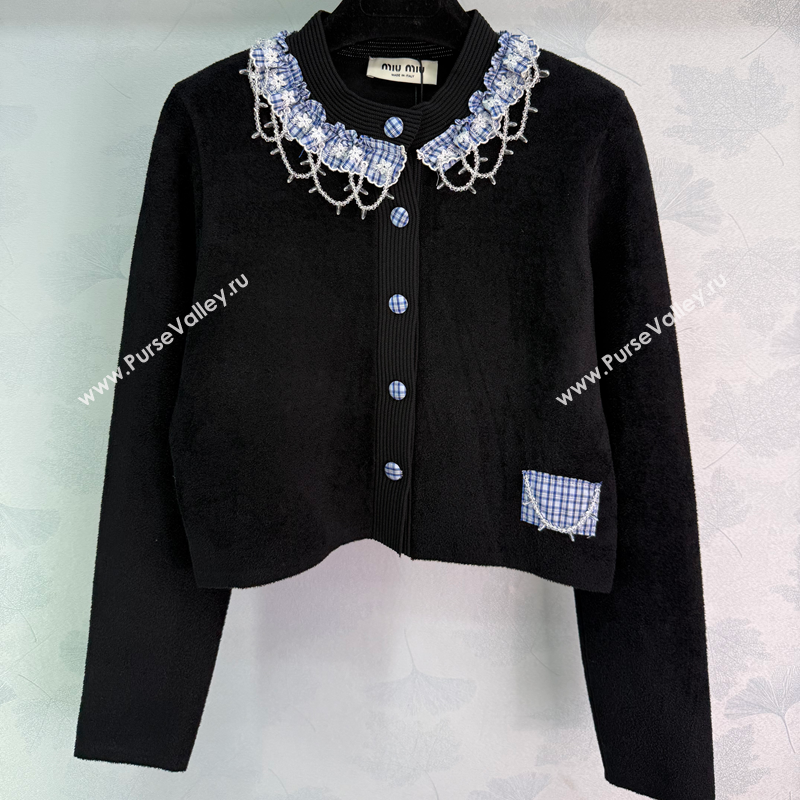 Miu Miu Wool Cardigan with Plaid Trim Black 2025 M110504 (QI-251105007)