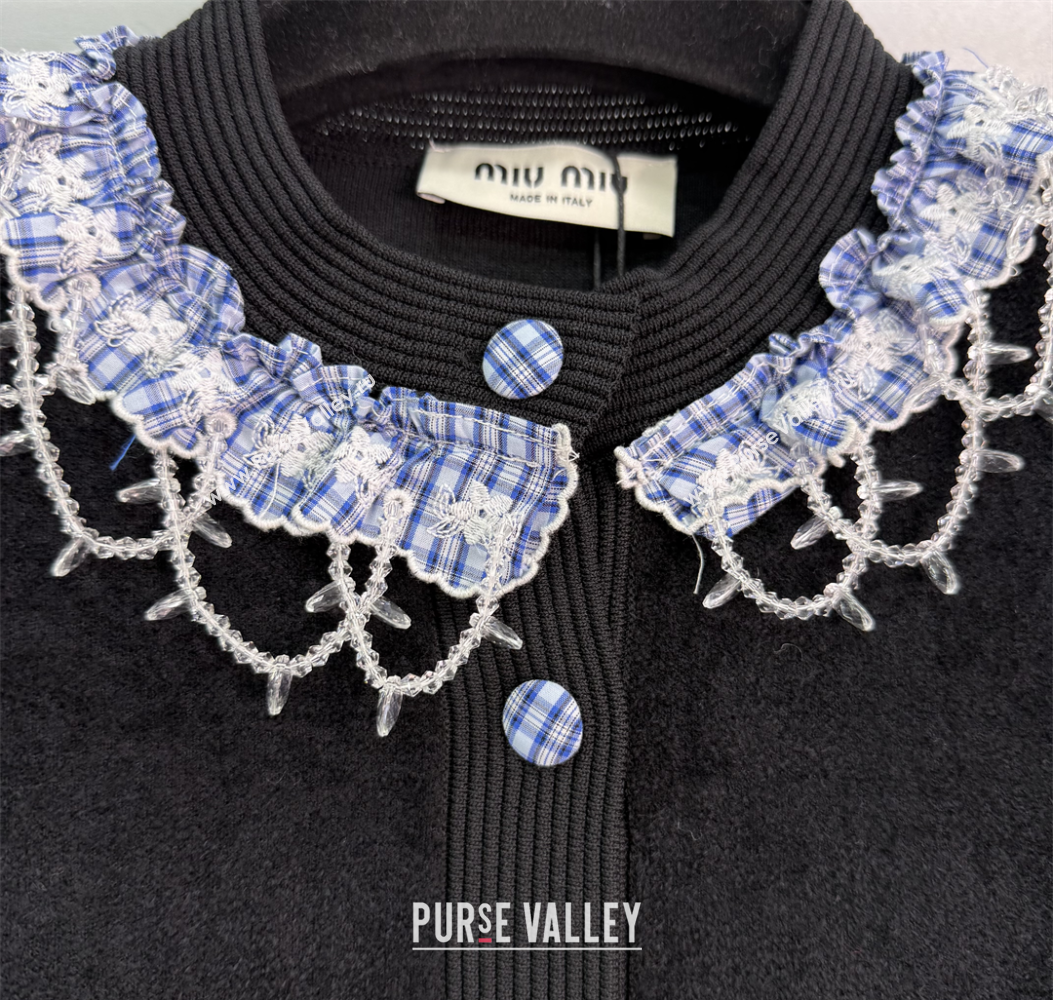 Miu Miu Wool Cardigan with Plaid Trim Black 2025 M110504 (QI-251105007)