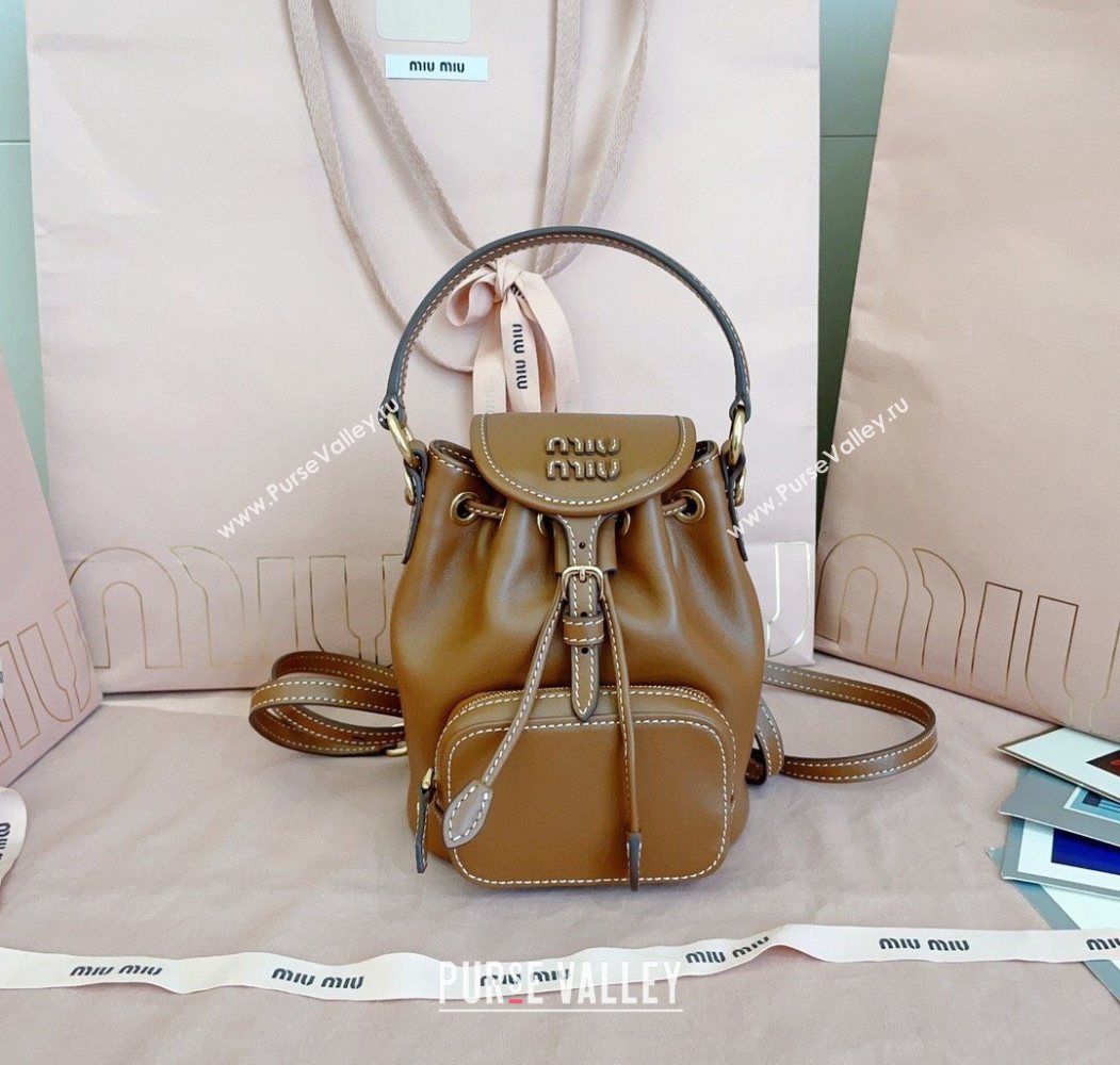 Miu Miu Leather Mini Backpack Bag Cognac Brown 2025 5BZ045 (JD-251121078)