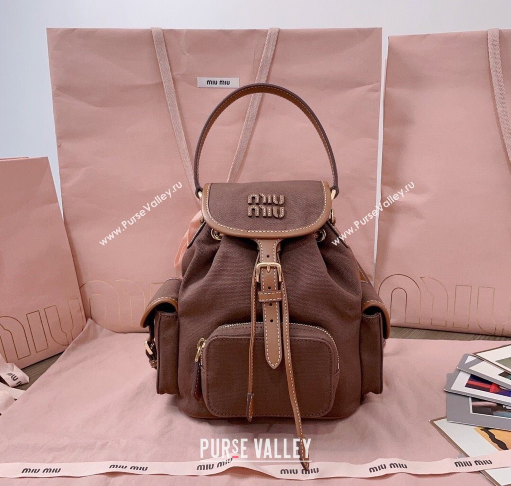 Miu Miu Canvas and leather backpack bag Cocoa Brown 2025 5BZ043 (JD-251121085)