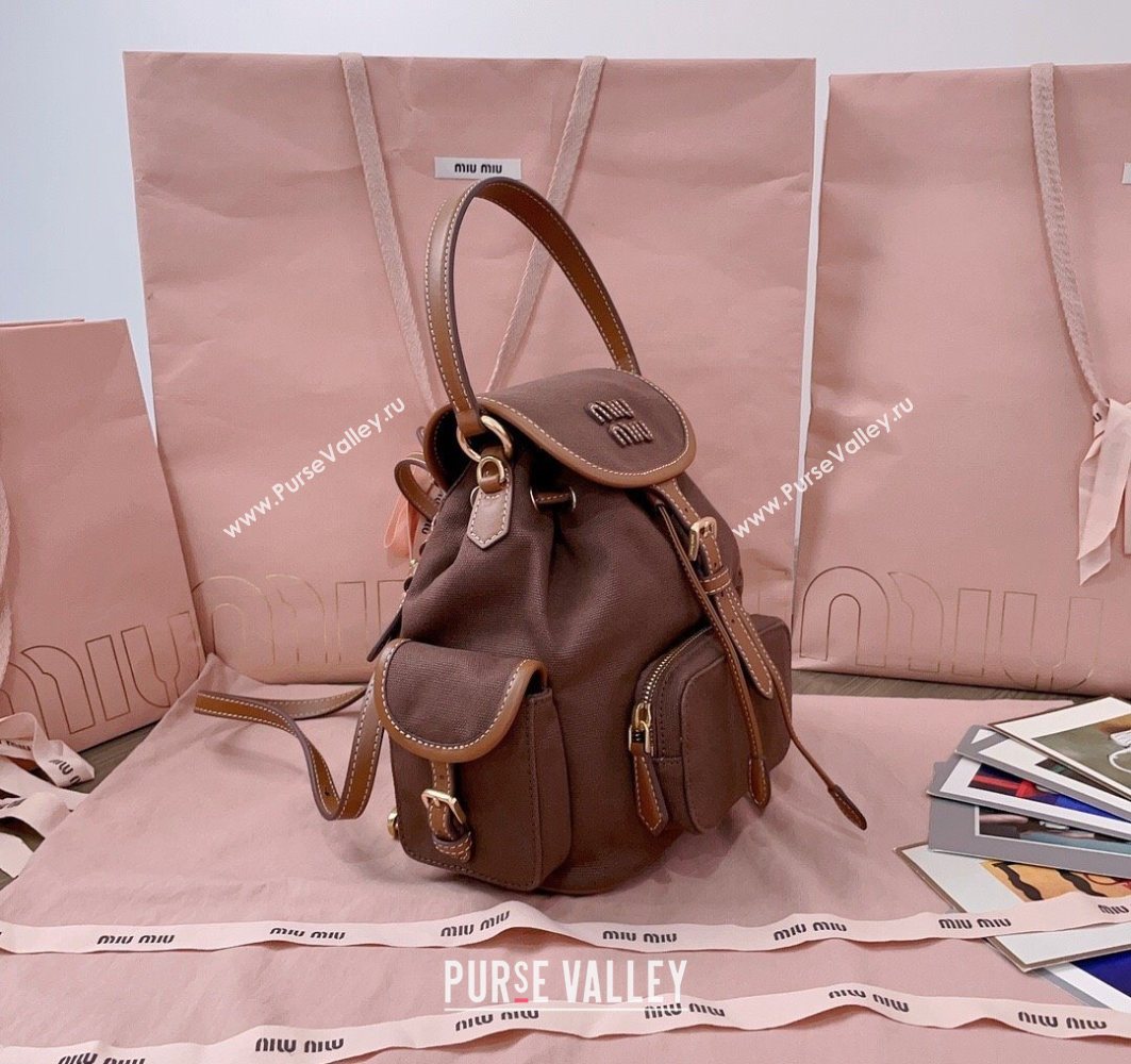 Miu Miu Canvas and leather backpack bag Cocoa Brown 2025 5BZ043 (JD-251121085)