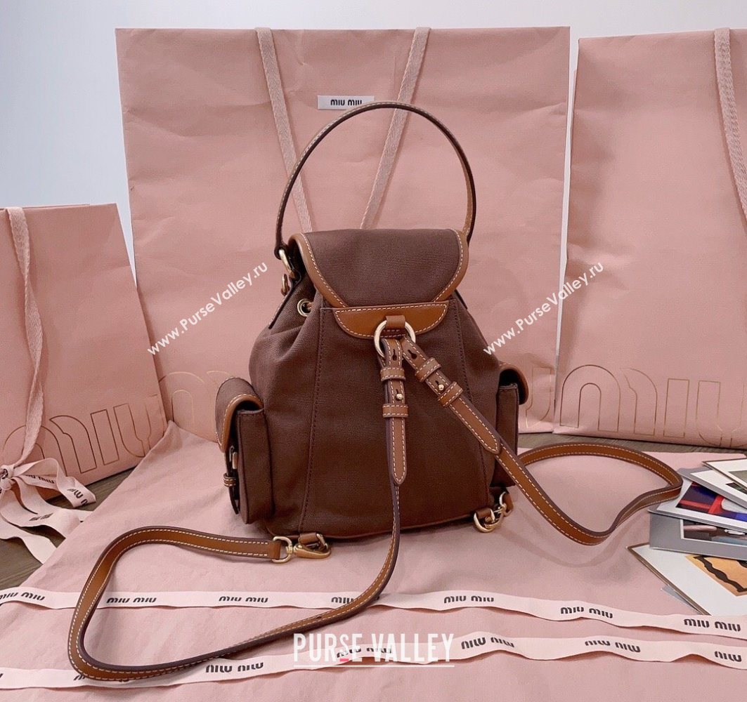 Miu Miu Canvas and leather backpack bag Cocoa Brown 2025 5BZ043 (JD-251121085)