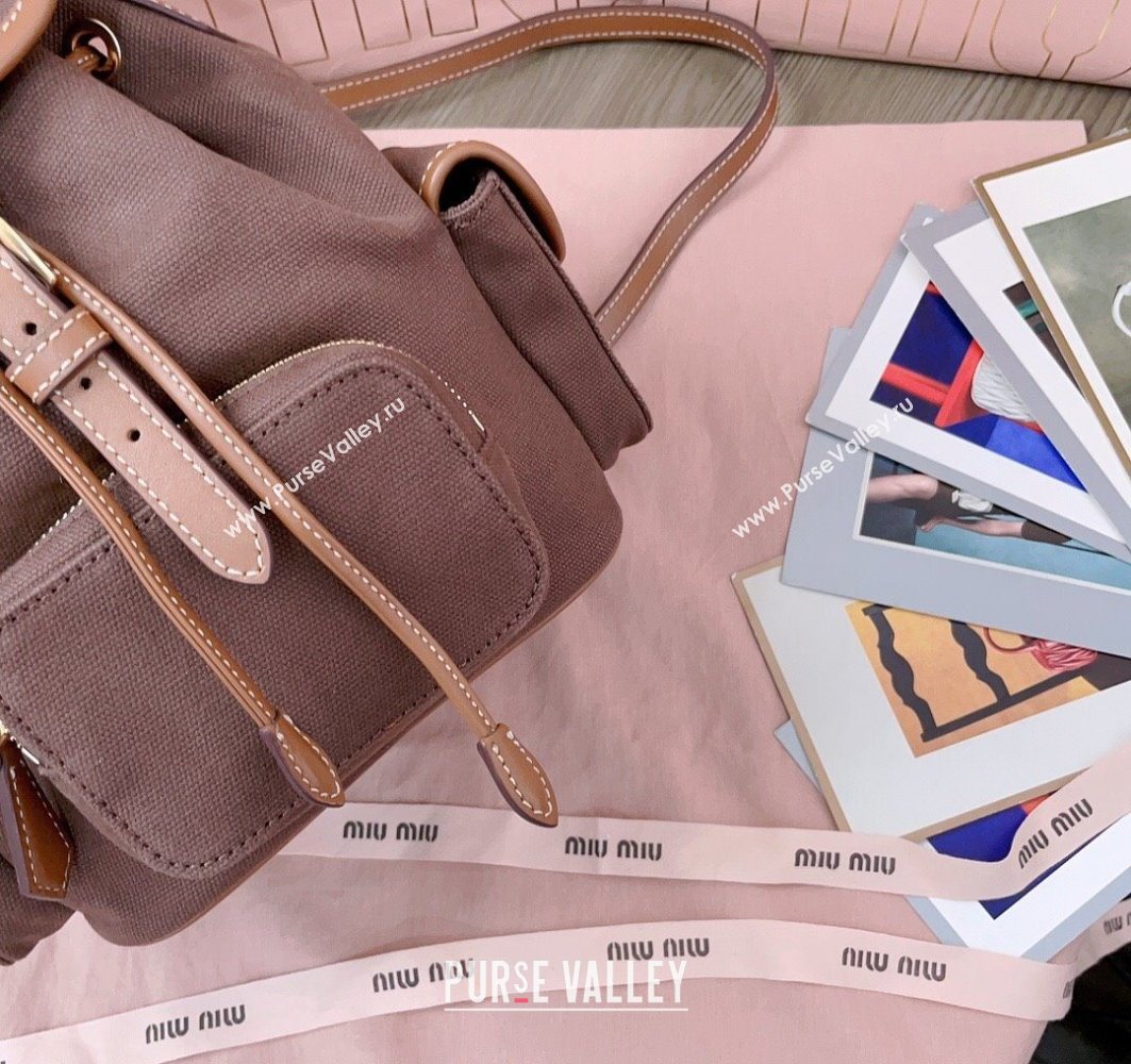 Miu Miu Canvas and leather backpack bag Cocoa Brown 2025 5BZ043 (JD-251121085)