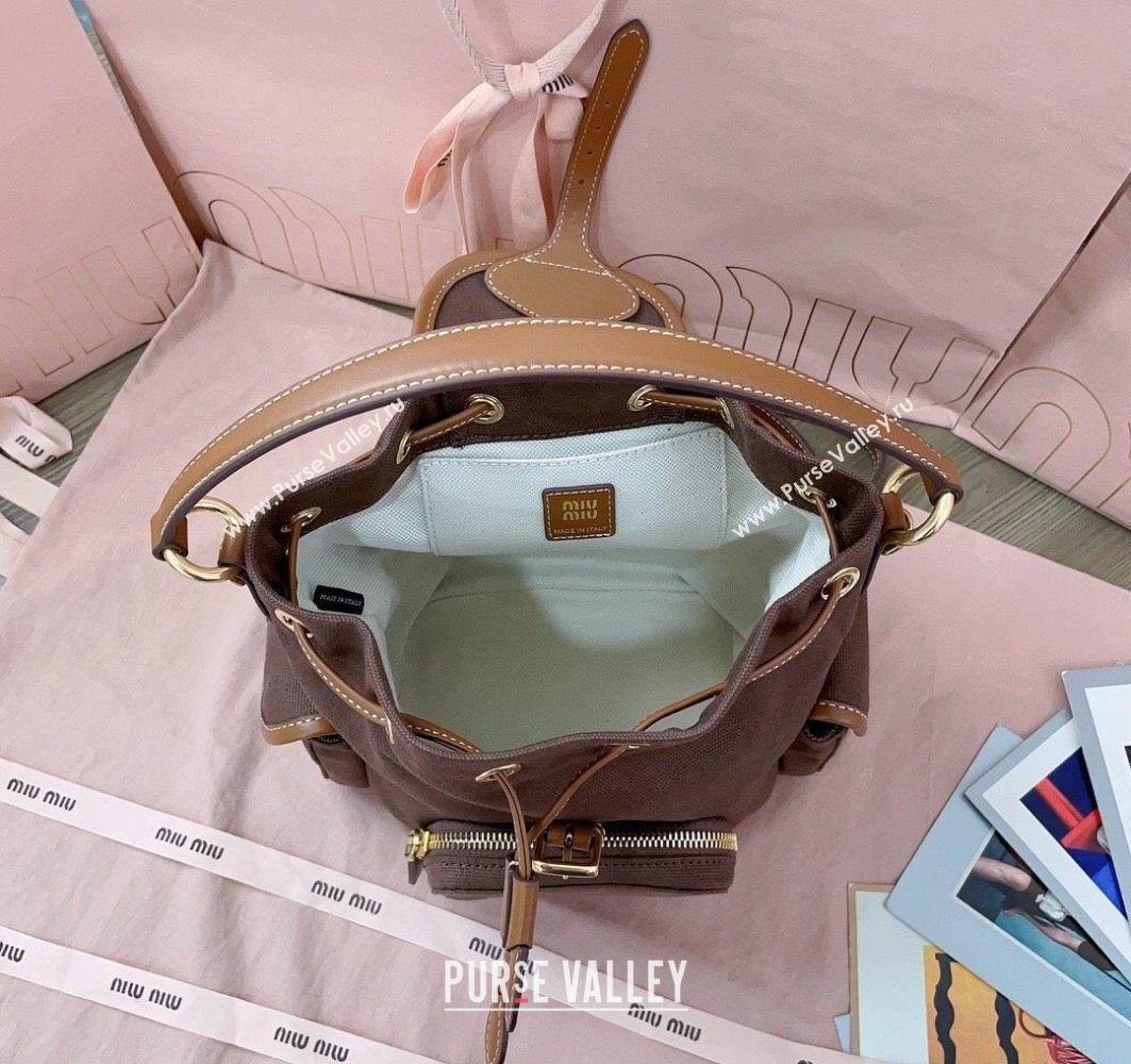 Miu Miu Canvas and leather backpack bag Cocoa Brown 2025 5BZ043 (JD-251121085)