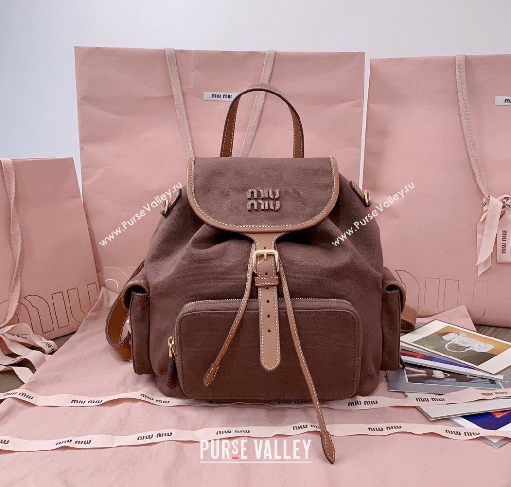 Miu Miu Canvas and leather backpack bag Cocoa Brown 2025 5BZ042 (JD-251121087)