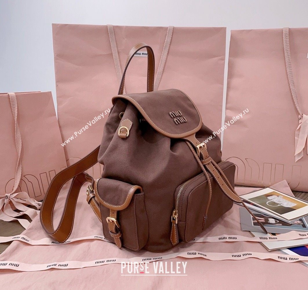 Miu Miu Canvas and leather backpack bag Cocoa Brown 2025 5BZ042 (JD-251121087)