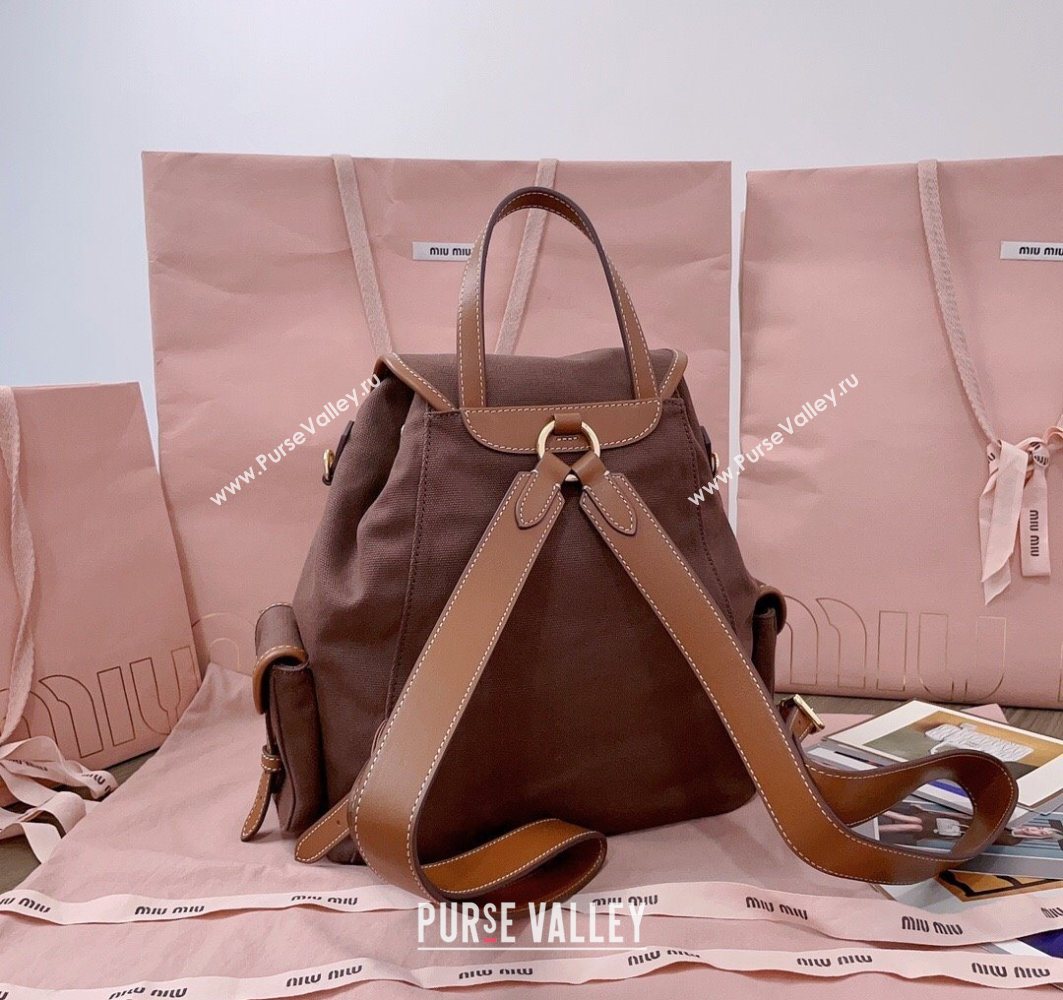 Miu Miu Canvas and leather backpack bag Cocoa Brown 2025 5BZ042 (JD-251121087)