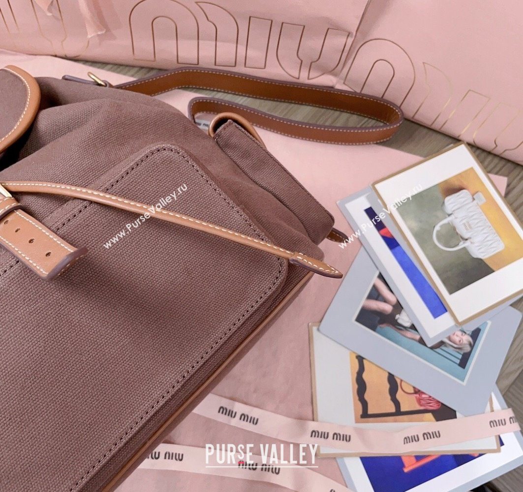 Miu Miu Canvas and leather backpack bag Cocoa Brown 2025 5BZ042 (JD-251121087)