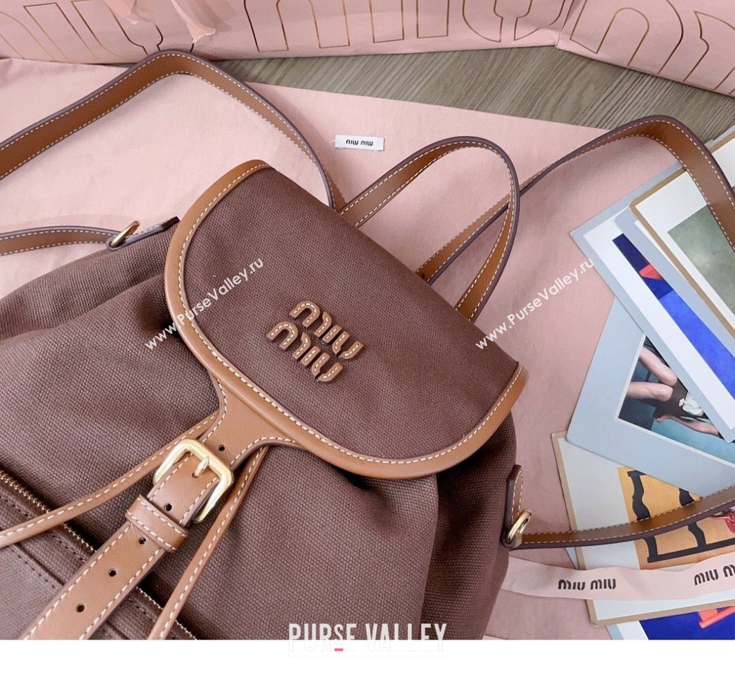 Miu Miu Canvas and leather backpack bag Cocoa Brown 2025 5BZ042 (JD-251121087)