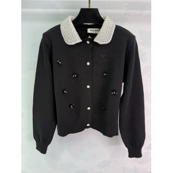 Miu Miu Wool Blend Cardigan with Blossom and Pearls Black 2025 MM120231 (QI-251201052)