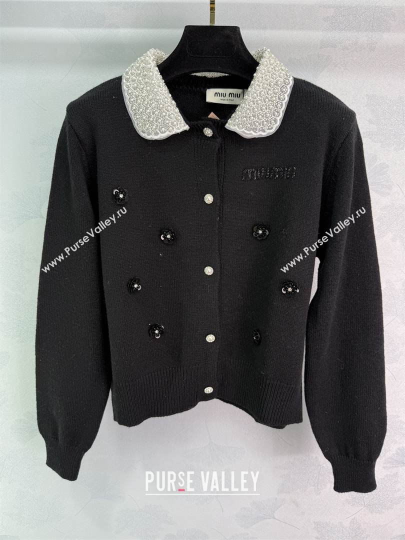Miu Miu Wool Blend Cardigan with Blossom and Pearls Black 2025 MM120231 (QI-251201052)